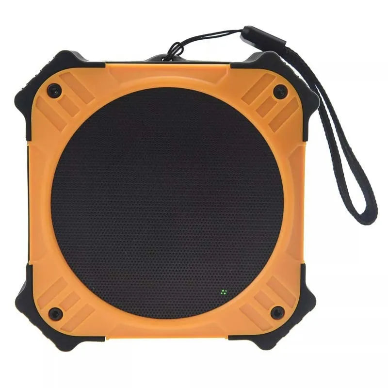 Black waterproof Bluetooth speaker with wrist strap showing 101mm diameter portable design