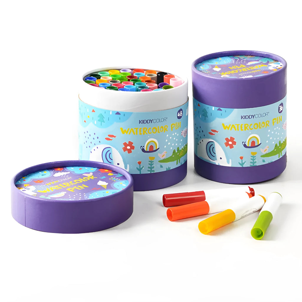 Set of children's washable plastic barrel watercolour pens in 36 or 48 colour options.