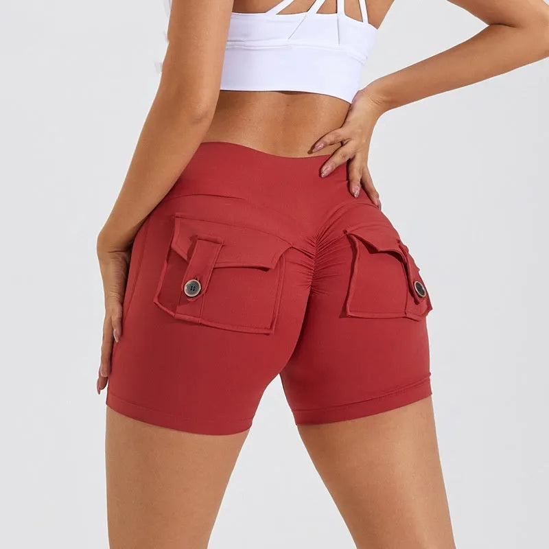 Women's high waist quick-dry nylon sports shorts with pockets in avocado green colour