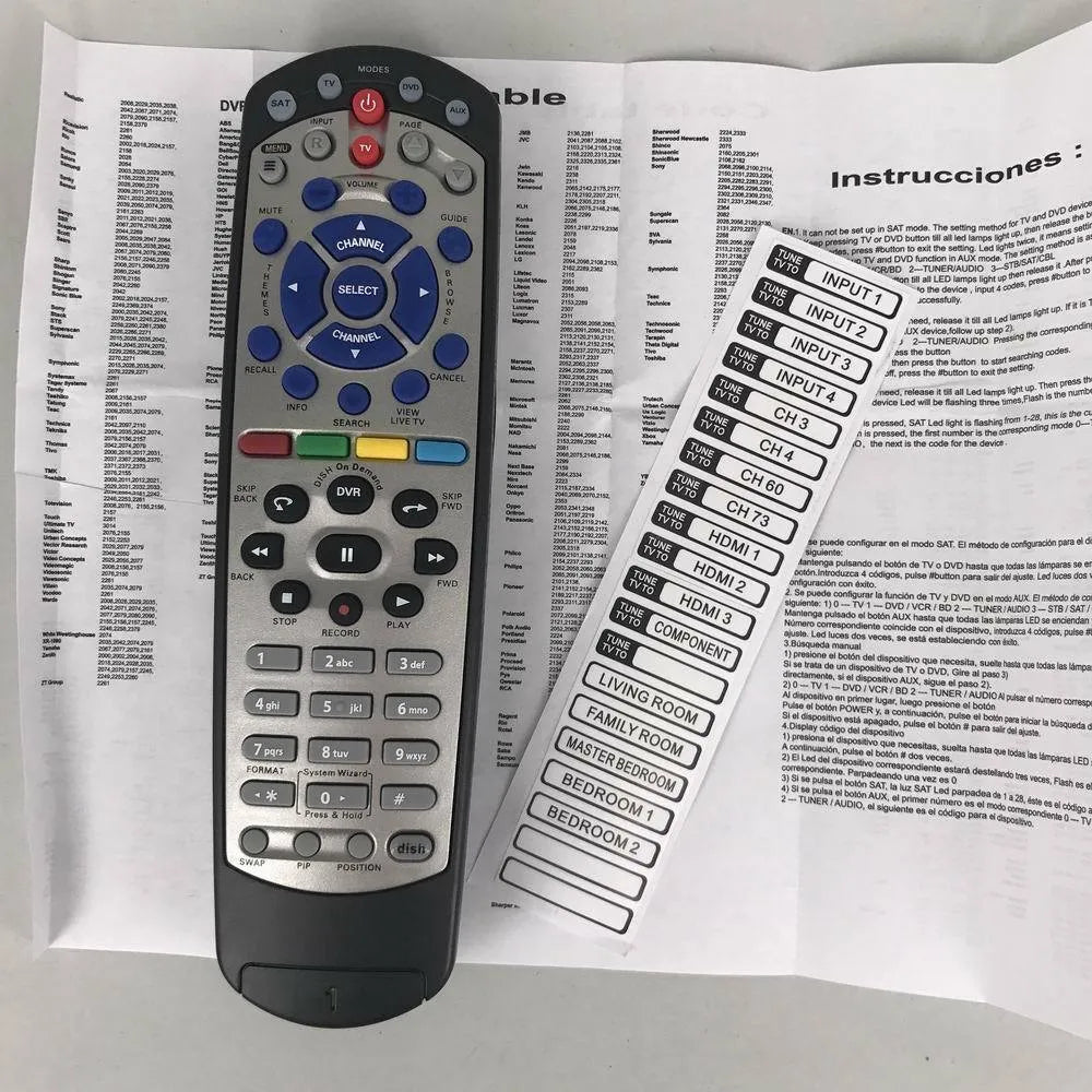 Black universal remote control for DISH Network satellite TV BOX with flat design and standard button layout