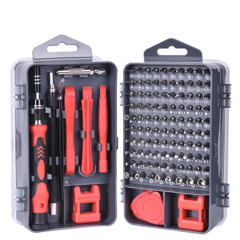 117-in-1 magnetic screwdriver set with bits, flexible shaft, in a choice of black, blue, or red box for electronics repair.