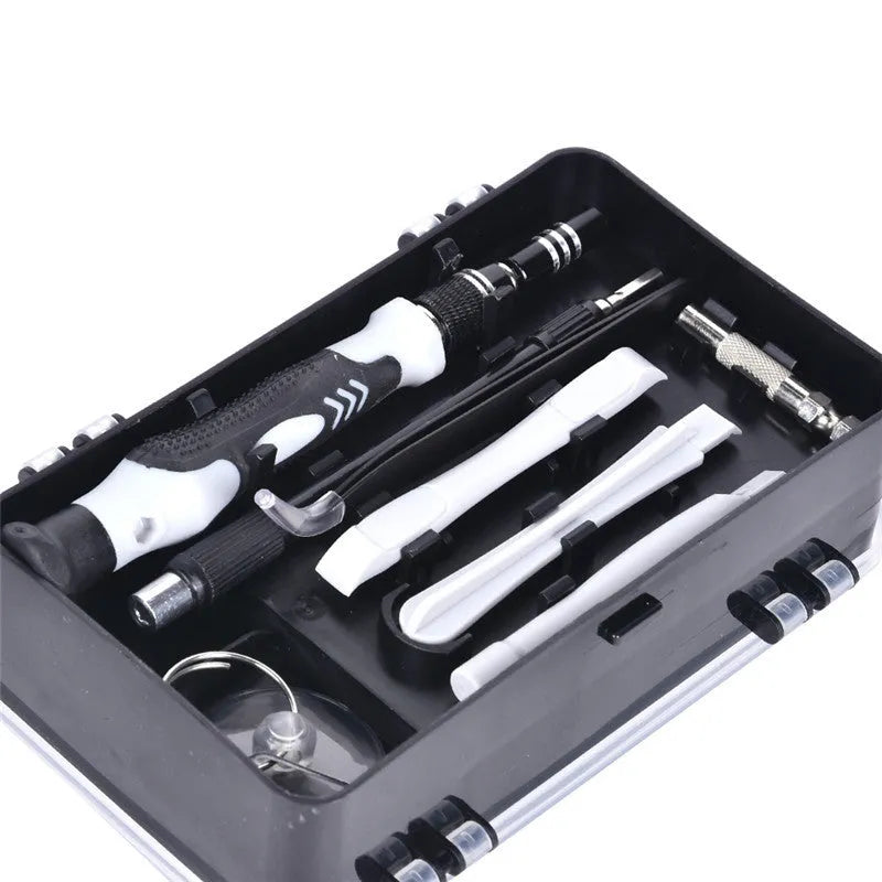 117-in-1 magnetic screwdriver set with bits, flexible shaft, in a choice of black, blue, or red box for electronics repair.