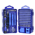 117-in-1 magnetic screwdriver set with bits, flexible shaft, in a choice of black, blue, or red box for electronics repair.