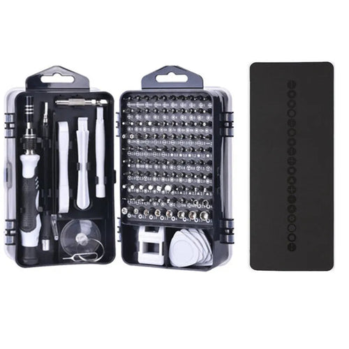 117-in-1 magnetic screwdriver set with bits, flexible shaft, in a choice of black, blue, or red box for electronics repair.