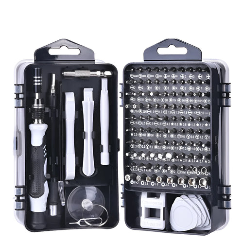 117-in-1 magnetic screwdriver set with bits, flexible shaft, in a choice of black, blue, or red box for electronics repair.