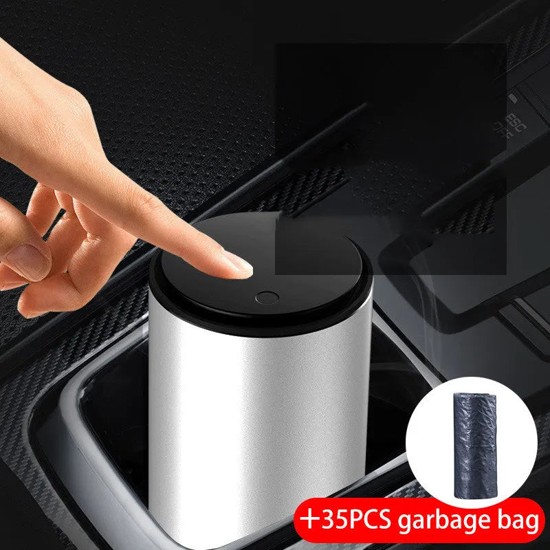 Mini aluminium alloy car trash can in solid colour with 35 garbage bags for vehicle waste collection