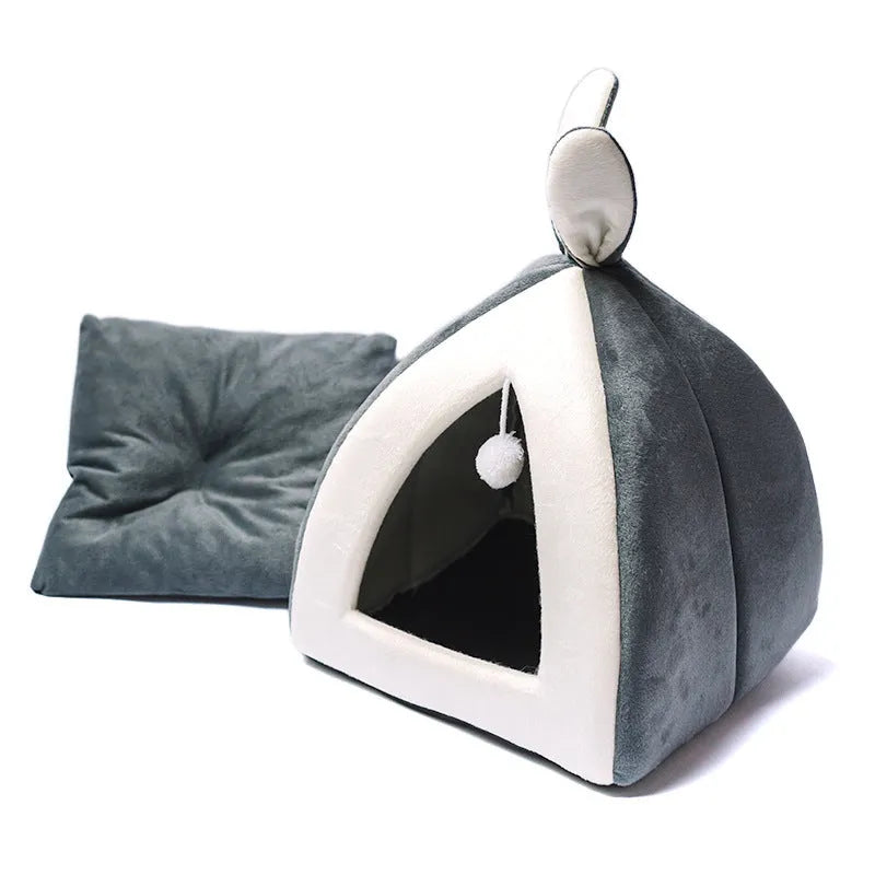 Grey cloth cat house with removable cushion showing interior space