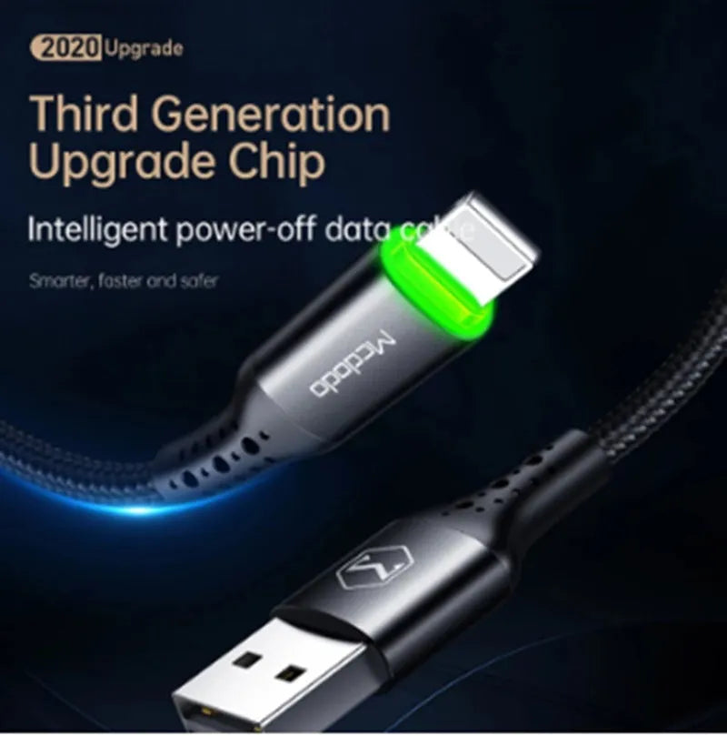 Black Apple-compatible data cable with LED charging indicator showing 1.2m and 1.8m length options