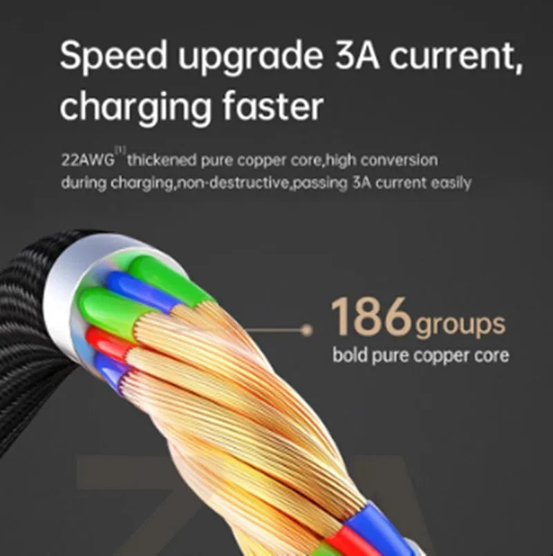 Black Apple-compatible data cable with LED charging indicator showing 1.2m and 1.8m length options