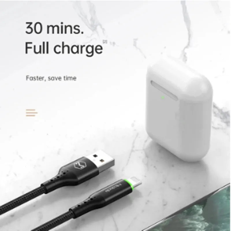 Black Apple-compatible data cable with LED charging indicator showing 1.2m and 1.8m length options