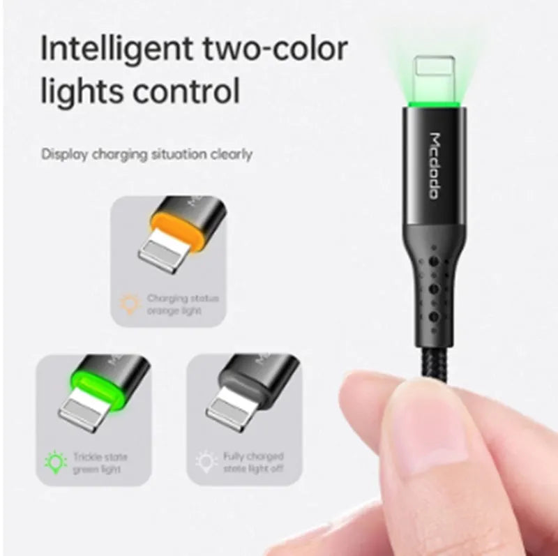 Black Apple-compatible data cable with LED charging indicator showing 1.2m and 1.8m length options