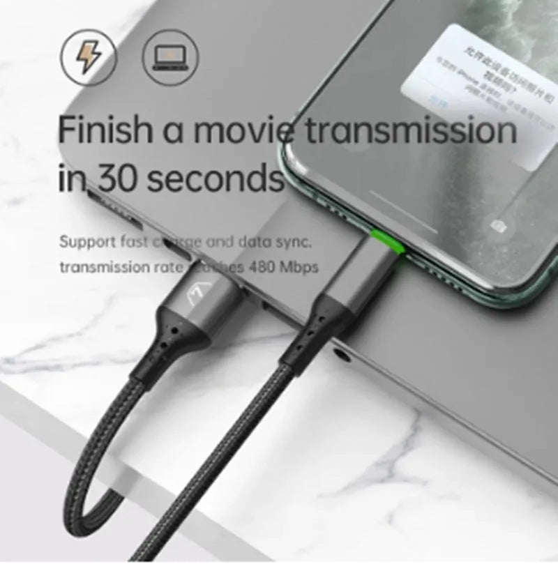 Black Apple-compatible data cable with LED charging indicator showing 1.2m and 1.8m length options