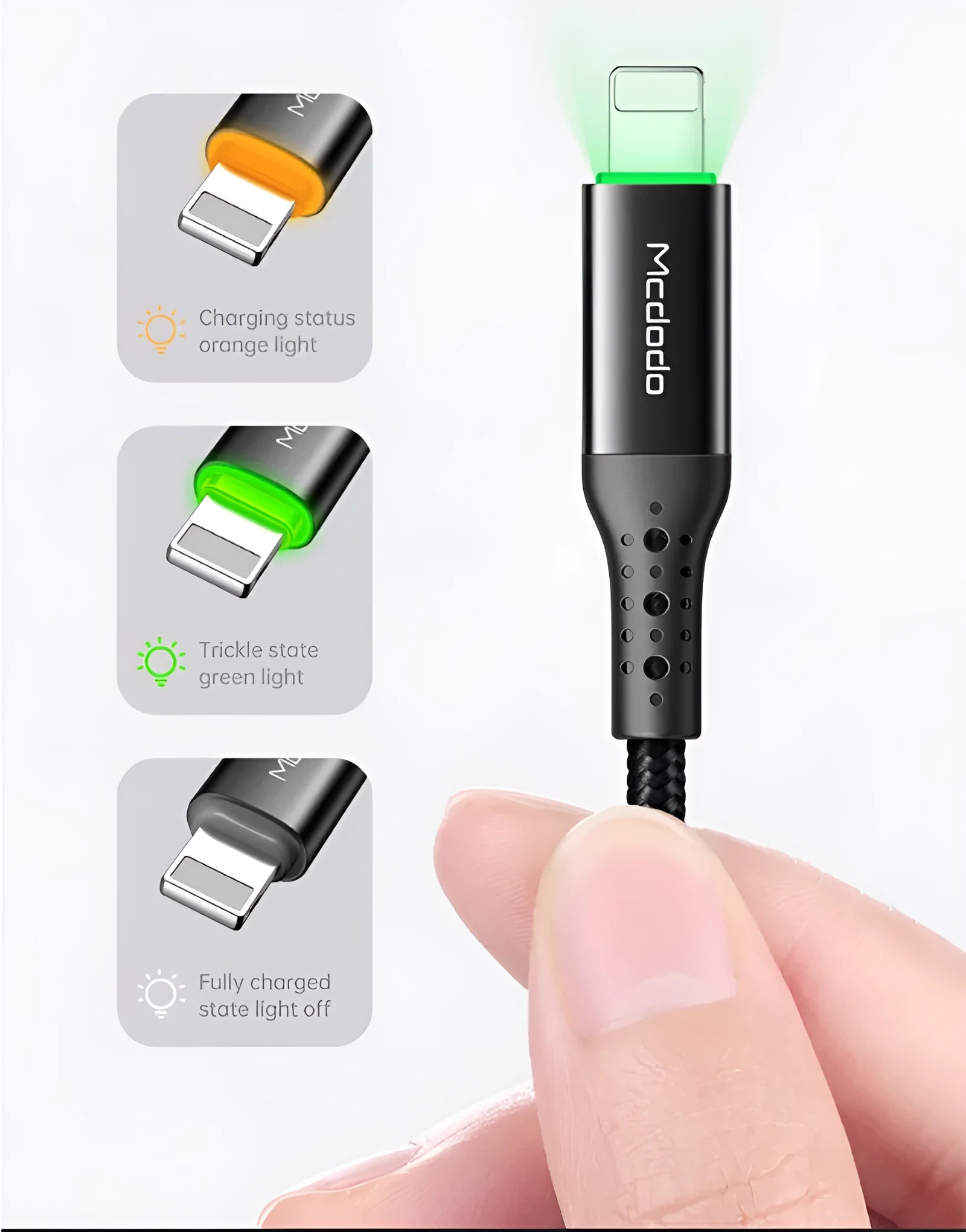 Black Apple-compatible data cable with LED charging indicator showing 1.2m and 1.8m length options
