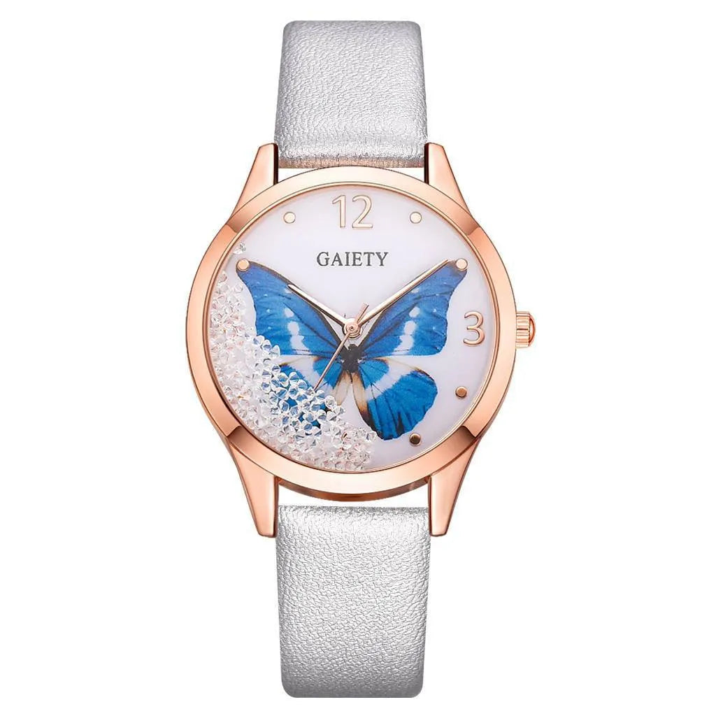 Gaiety women's wristwatch with removable rhinestone butterfly decoration on leather strap