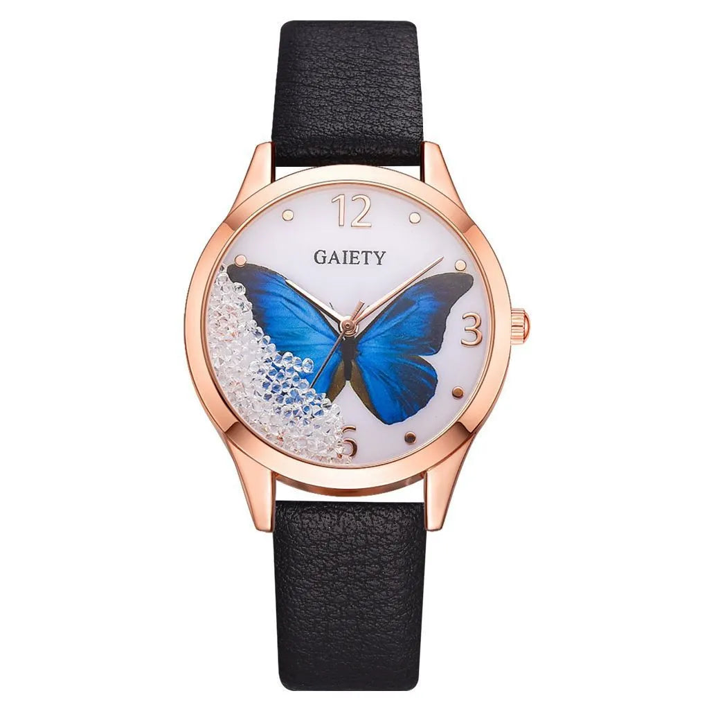 Gaiety women's wristwatch with removable rhinestone butterfly decoration on leather strap