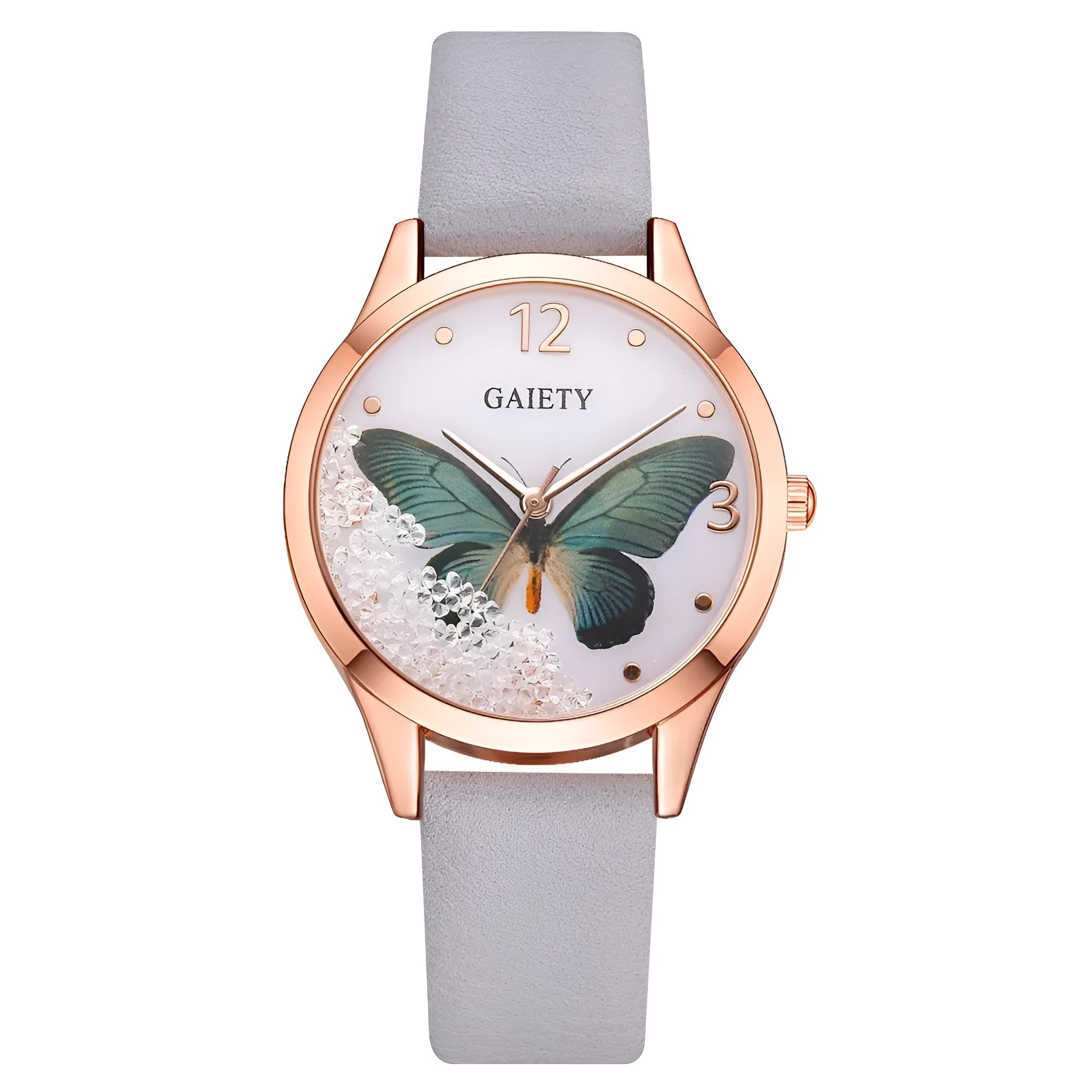 Gaiety women's wristwatch with removable rhinestone butterfly decoration on leather strap