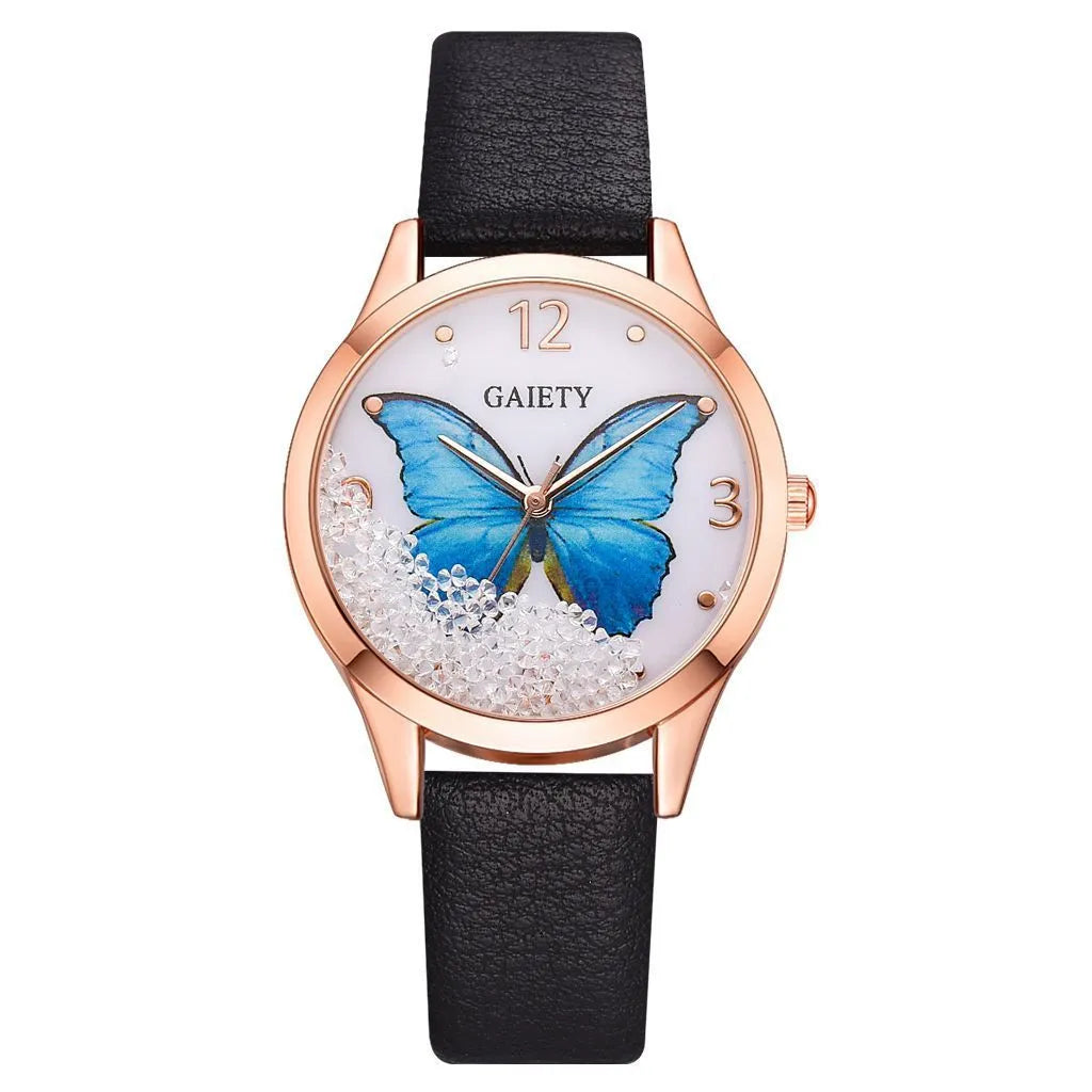 Gaiety women's wristwatch with removable rhinestone butterfly decoration on leather strap