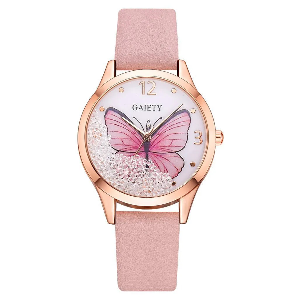 Gaiety women's wristwatch with removable rhinestone butterfly decoration on leather strap