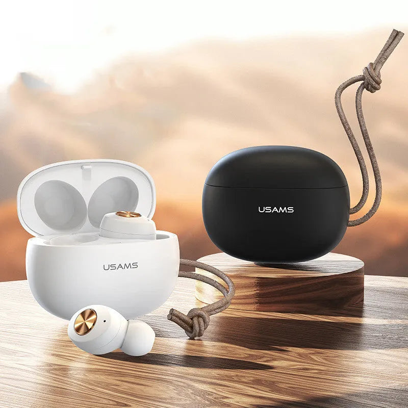 Wireless Bluetooth mini TWS binaural headphones with charging case in white, black, or dark green colours