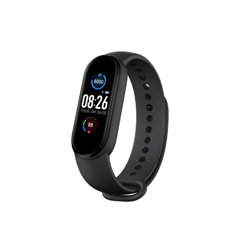 M5 smart bracelet with heart rate and blood pressure monitoring on wrist showing 0.96-inch screen