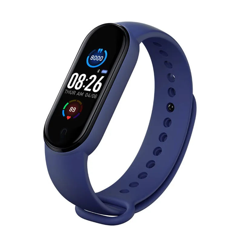 M5 smart bracelet with heart rate and blood pressure monitoring on wrist showing 0.96-inch screen