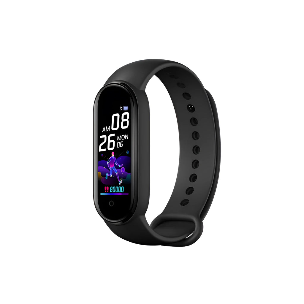 M5 smart bracelet with heart rate and blood pressure monitoring on wrist showing 0.96-inch screen