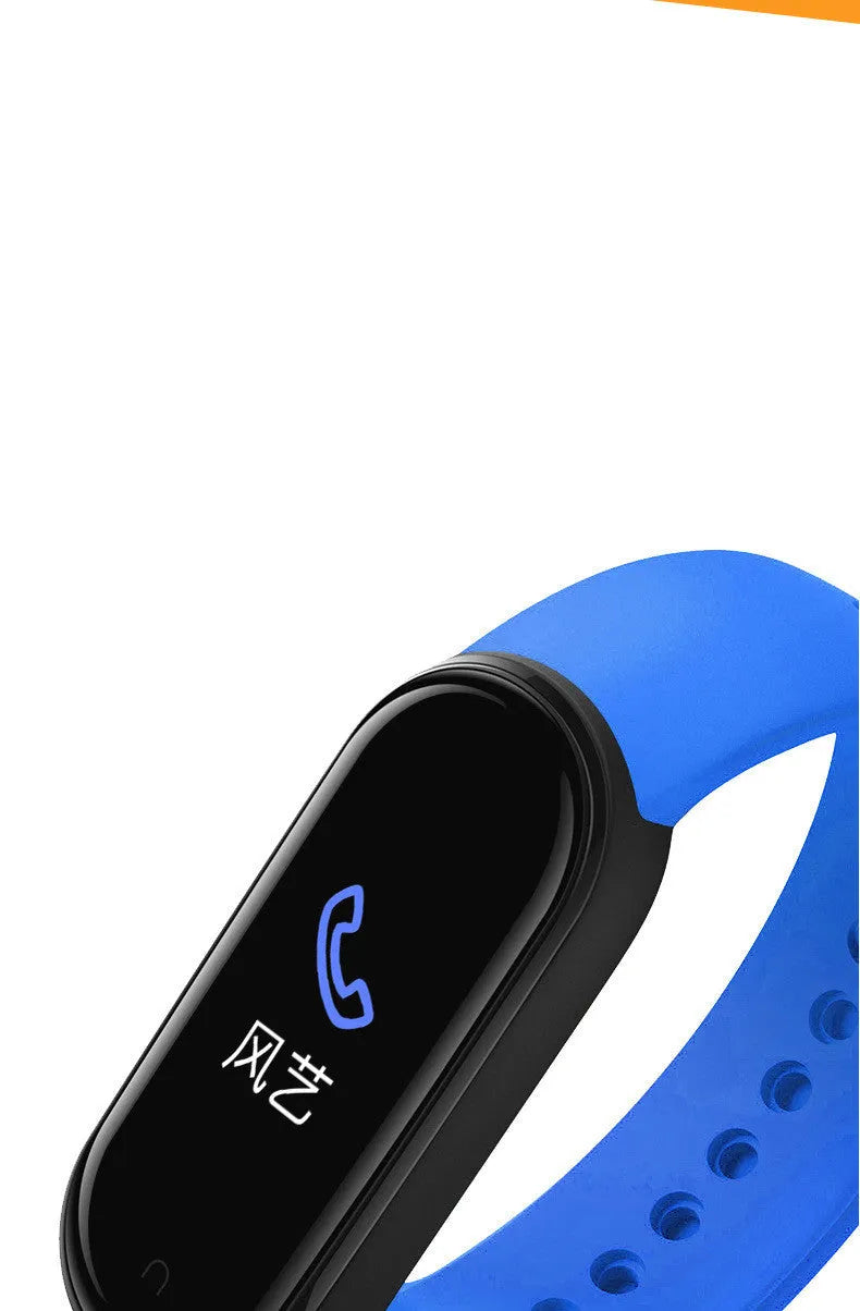 M5 smart bracelet with heart rate and blood pressure monitoring on wrist showing 0.96-inch screen