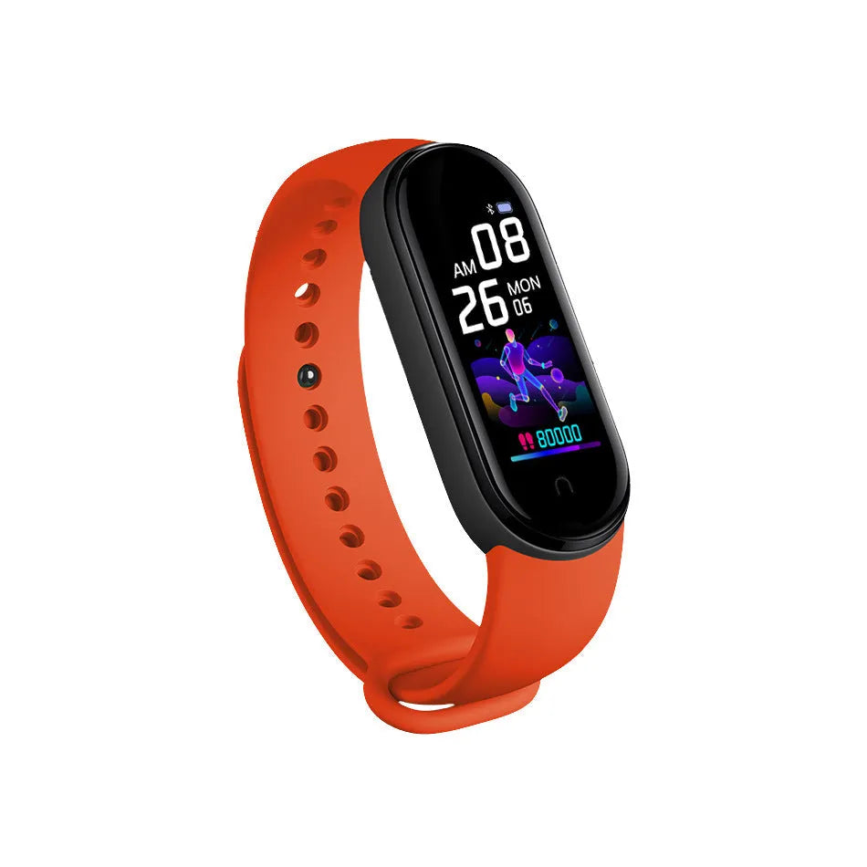 M5 smart bracelet with heart rate and blood pressure monitoring on wrist showing 0.96-inch screen