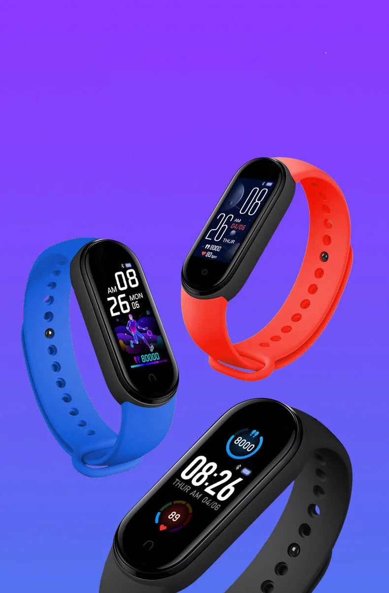 M5 smart bracelet with heart rate and blood pressure monitoring on wrist showing 0.96-inch screen