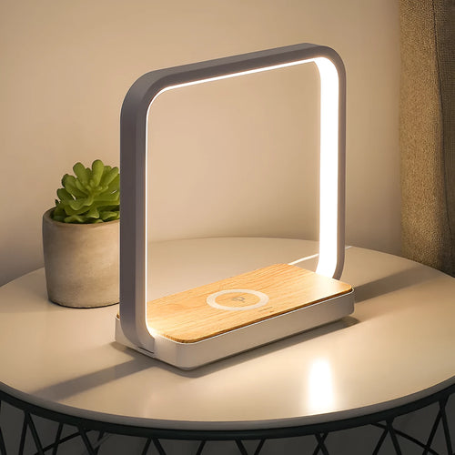 Modern bedside lamp with aluminium shade featuring touch sensor and voice control, available in white or gold colours