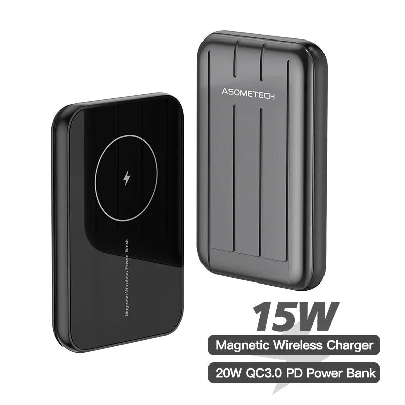 Magnetic wireless power bank for iPhone 12 in blue, grey, or light green with 5000mAh capacity