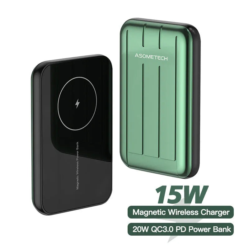 Magnetic wireless power bank for iPhone 12 in blue, grey, or light green with 5000mAh capacity