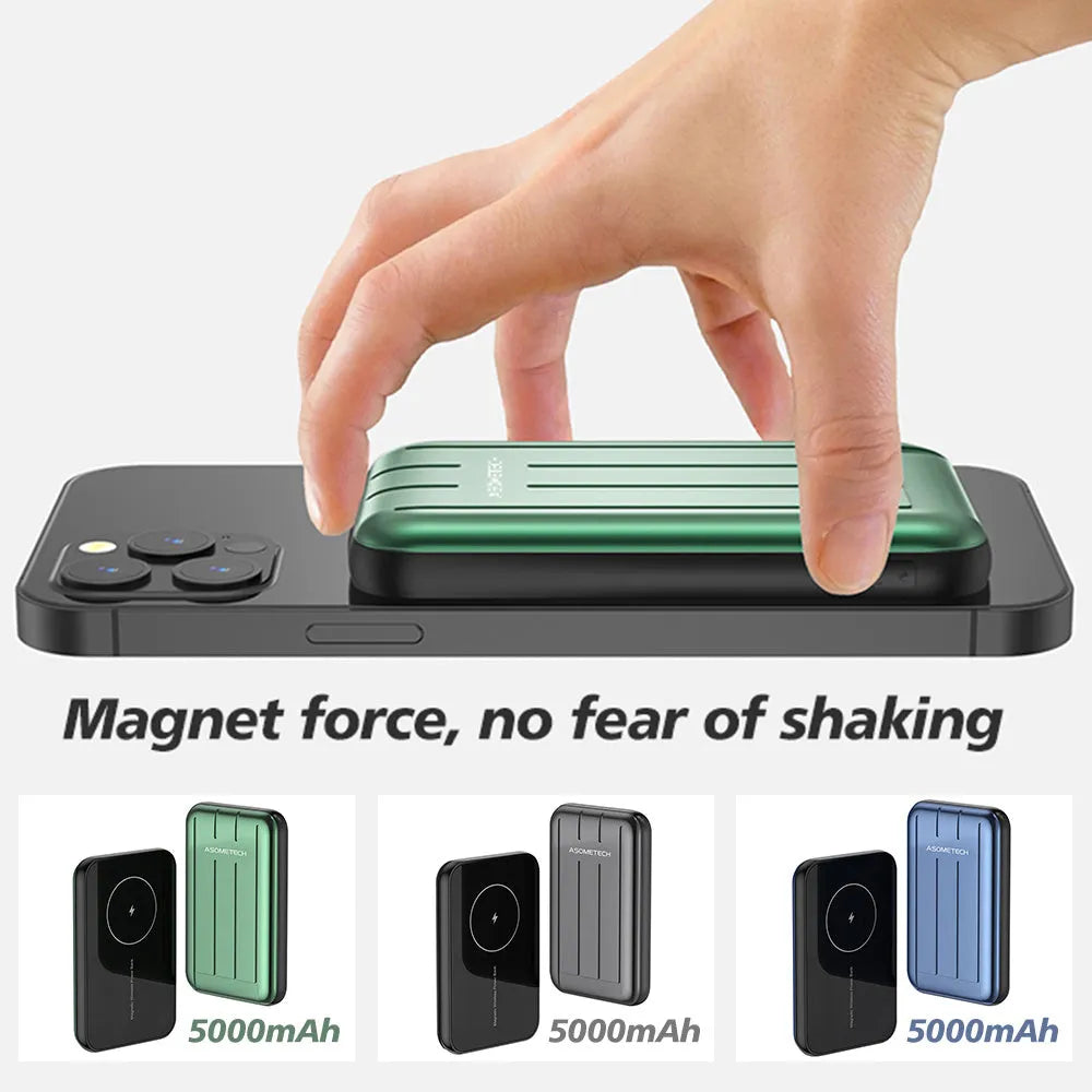 Magnetic wireless power bank for iPhone 12 in blue, grey, or light green with 5000mAh capacity