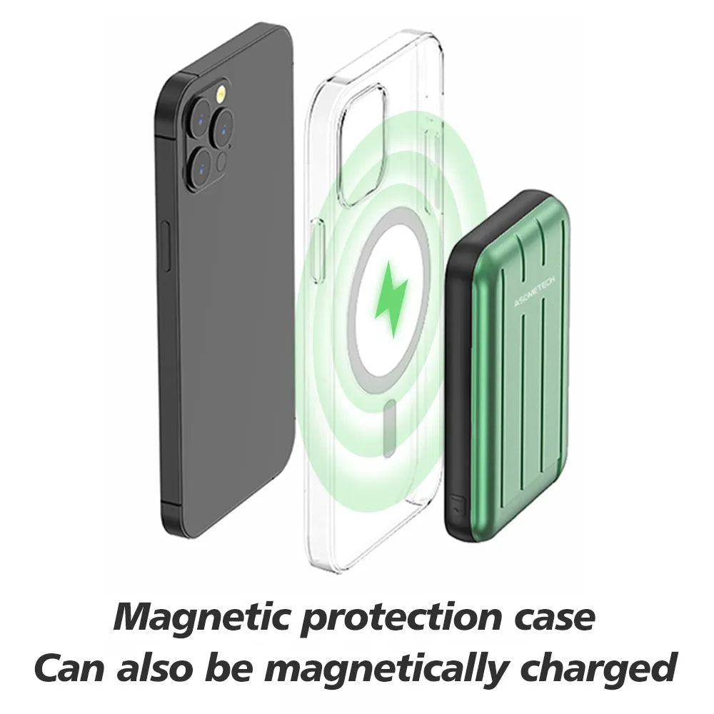 Magnetic wireless power bank for iPhone 12 in blue, grey, or light green with 5000mAh capacity