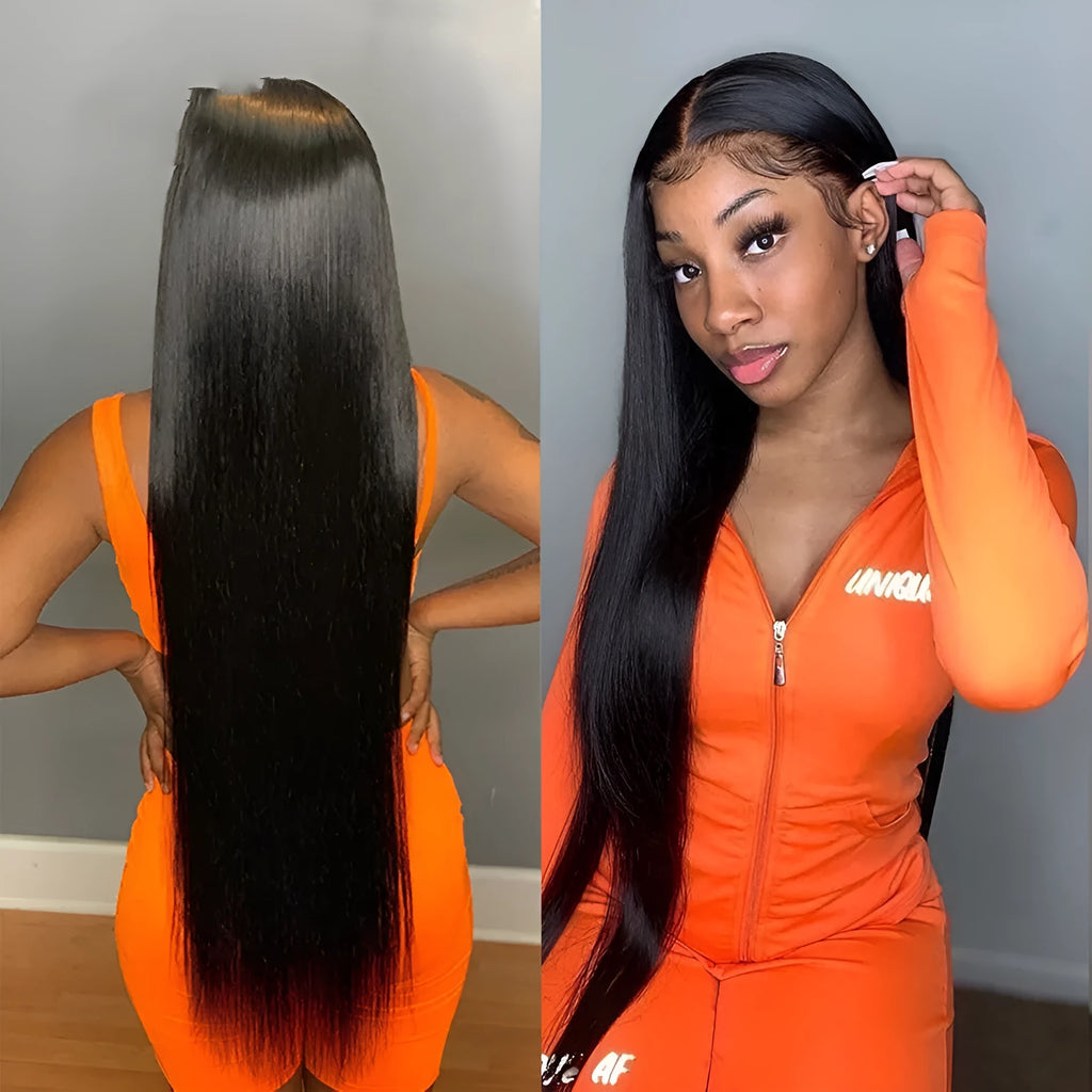 Black long straight chemical fibre wig on stand natural mechanism finish
