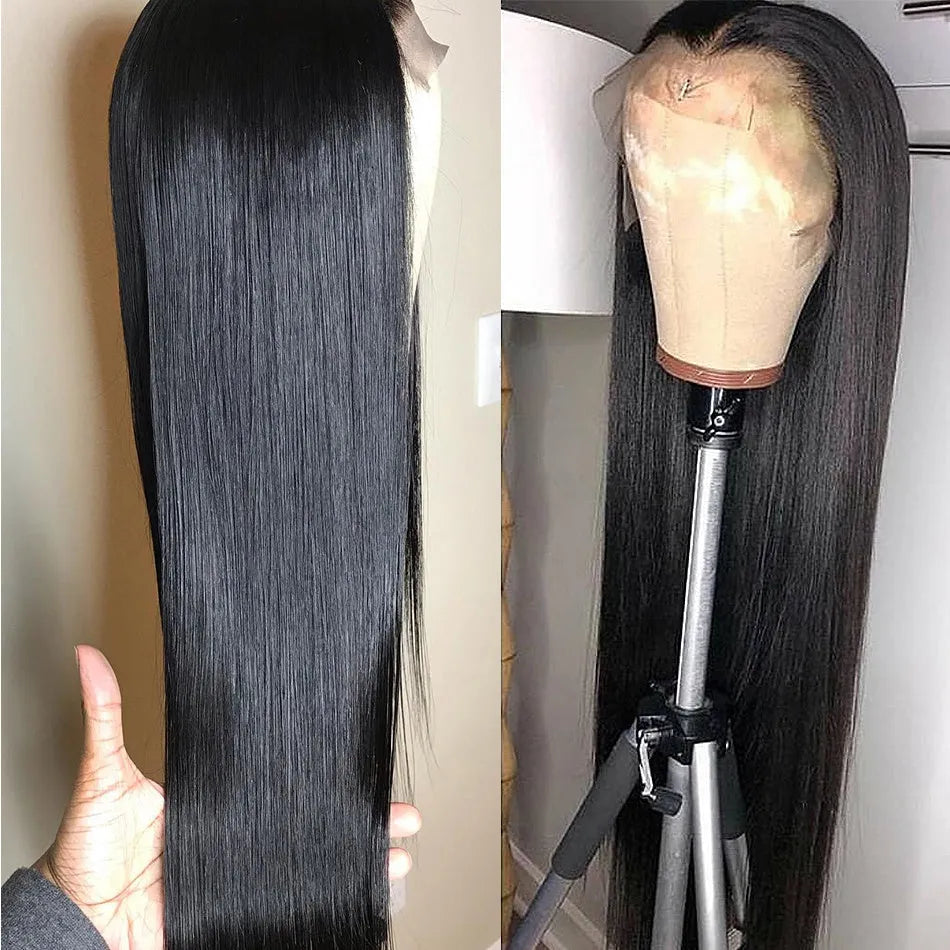 Black long straight chemical fibre wig on stand natural mechanism finish