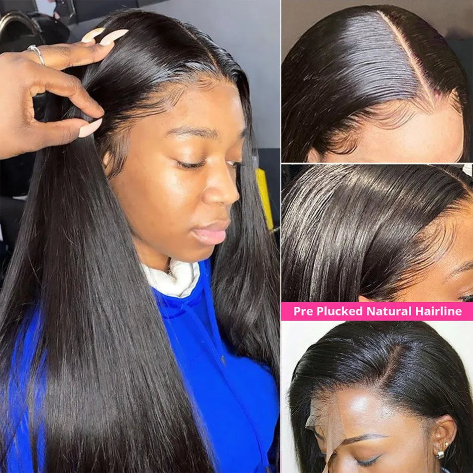 Black long straight chemical fibre wig on stand natural mechanism finish