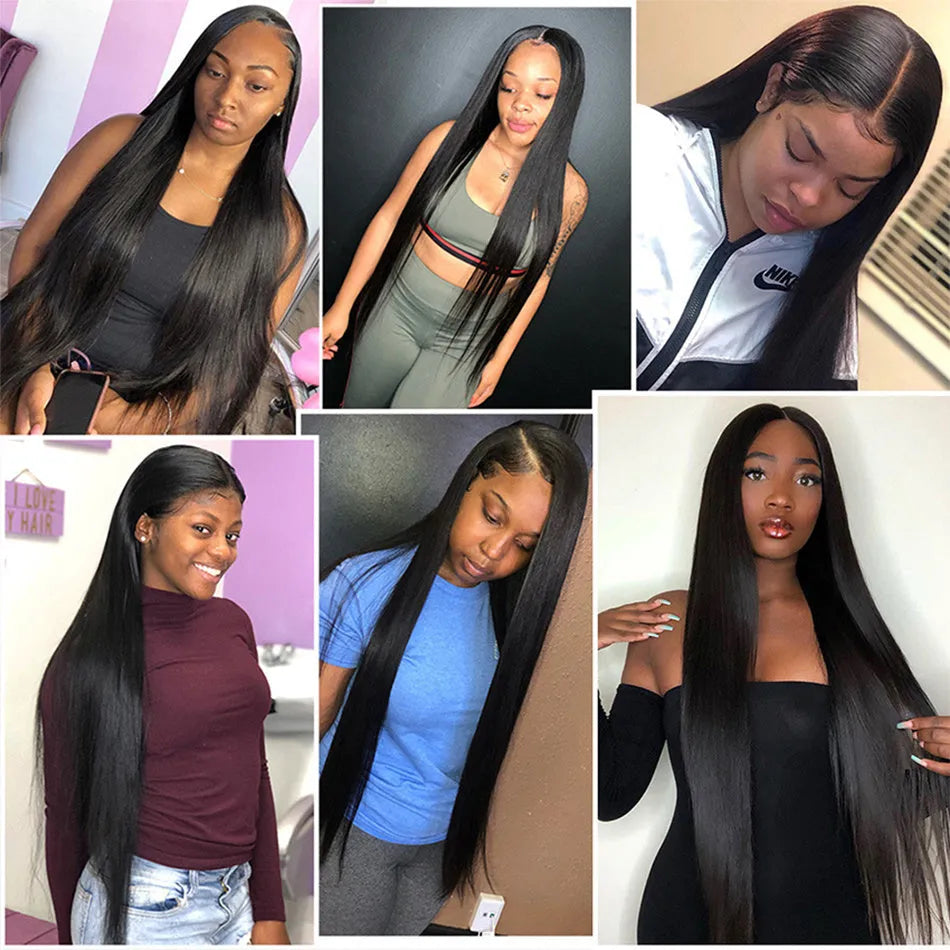 Black long straight chemical fibre wig on stand natural mechanism finish