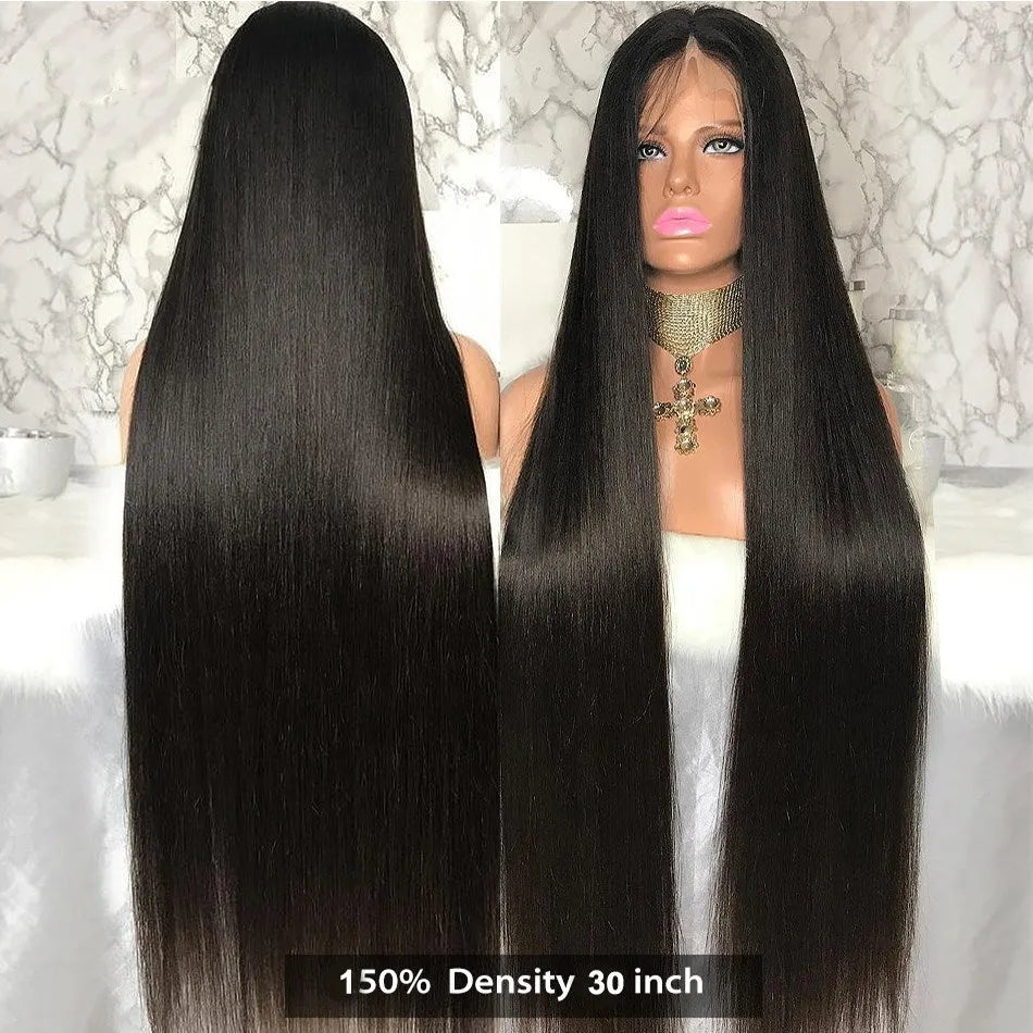 Black long straight chemical fibre wig on stand natural mechanism finish