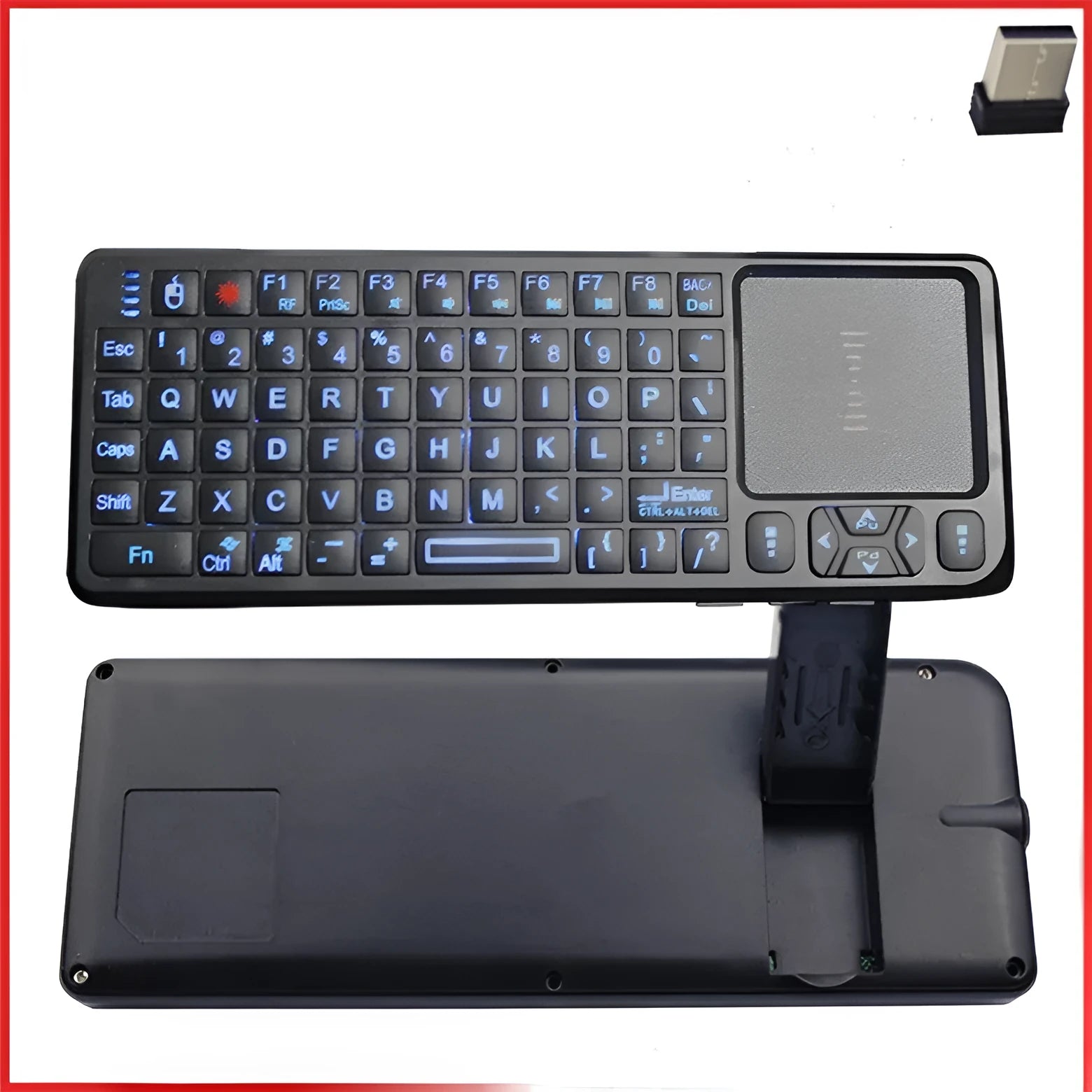 Black wireless mini keyboard with touch screen and optical mouse on a desk.