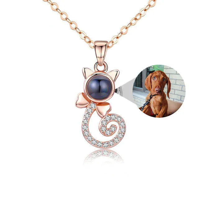 S925 silver cat-shaped pendant necklace with custom photo projection on Rose Gold chain