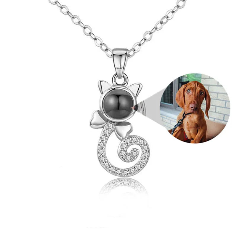S925 silver cat-shaped pendant necklace with custom photo projection on Rose Gold chain