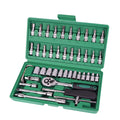 Green plastic case containing a 46-piece alloy steel automotive socket set with ratchet and wrenches.
