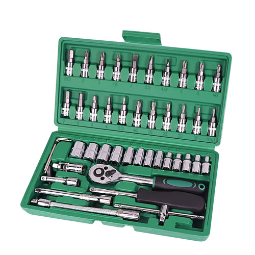 Green plastic case containing a 46-piece alloy steel automotive socket set with ratchet and wrenches.