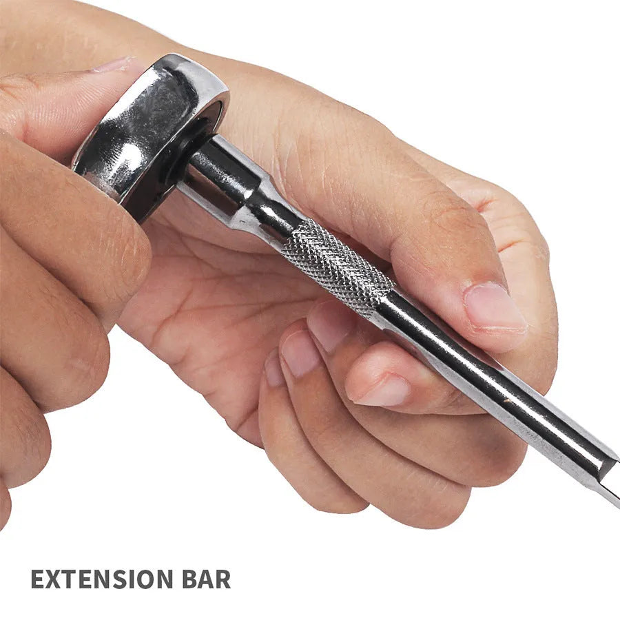 Green plastic case containing a 46-piece alloy steel automotive socket set with ratchet and wrenches.