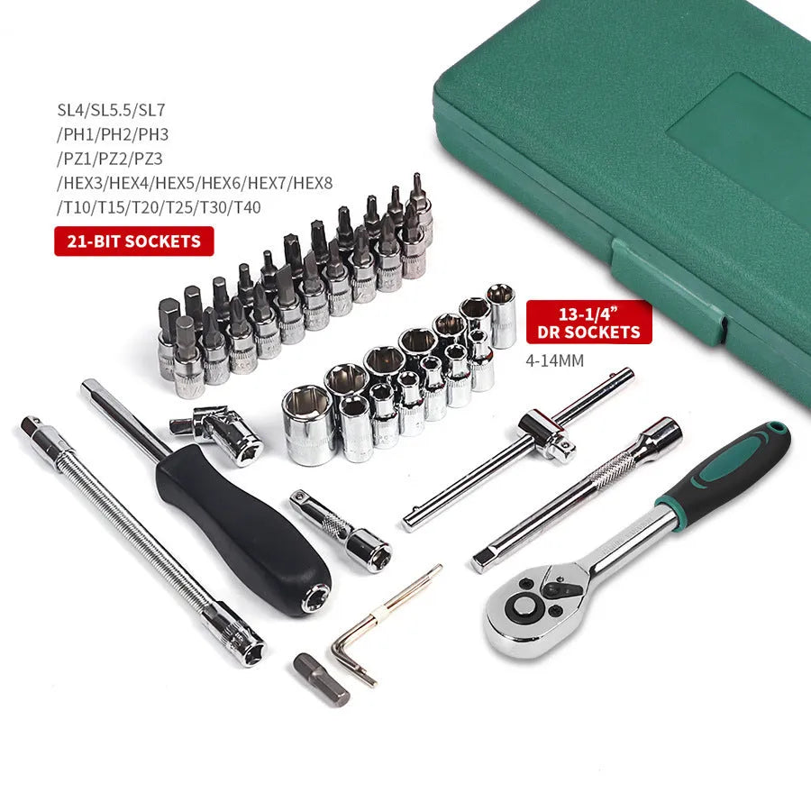 Green plastic case containing a 46-piece alloy steel automotive socket set with ratchet and wrenches.