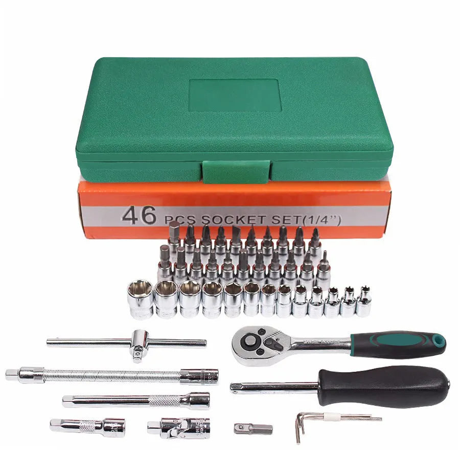 Green plastic case containing a 46-piece alloy steel automotive socket set with ratchet and wrenches.
