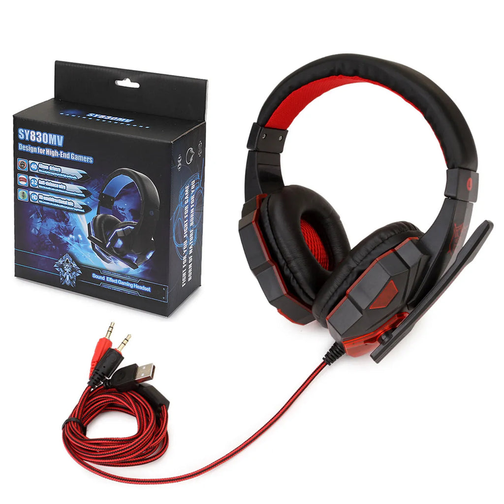 Wired PS4 and PC gaming headset with LED lights, tanned leather ear muffs, and braided cable in Black Red colour