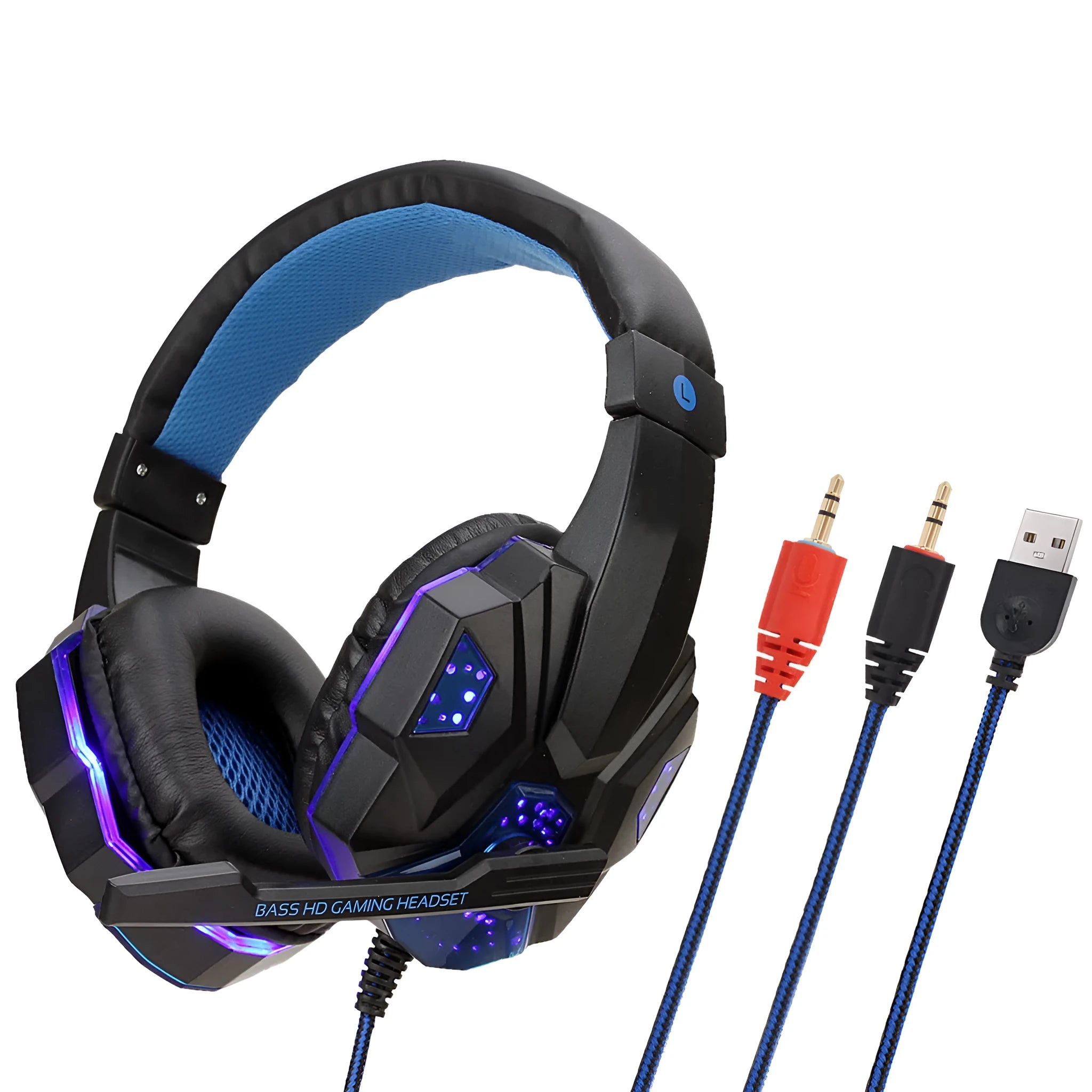 Wired PS4 and PC gaming headset with LED lights, tanned leather ear muffs, and braided cable in Black Red colour