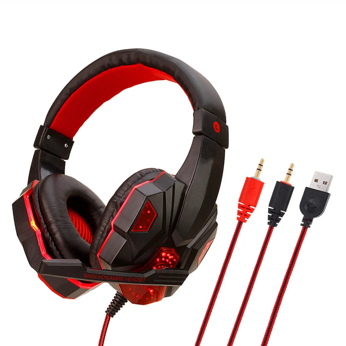 Wired PS4 and PC gaming headset with LED lights, tanned leather ear muffs, and braided cable in Black Red colour
